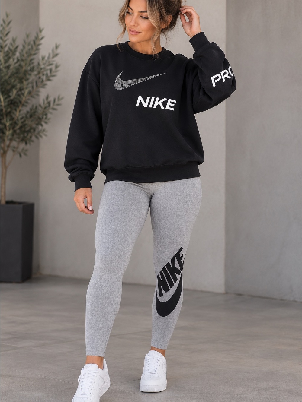 Nike Pro black crewneck new with tags with Black & Gray large Leggings outfit